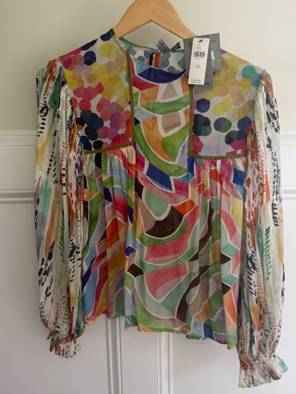 Anthropologie Bl-Nk Miranda Peasant Blouse Green Motif XXS - Picture 6 of 7